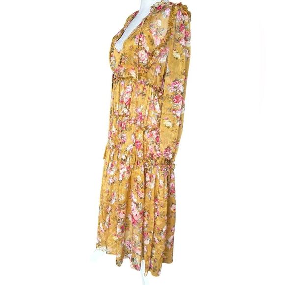 OPT Anthropologie Felicity Floral Tie Neck Midi Dress Size Medium Yellow Orange - Picture 7 of 15